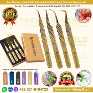 4pcs Titanium Coated Gold Diamond Grip Best Eyelash Extension Tweezers Set