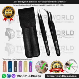 2pcs Best Eyelash Extension Tweezers Black Handle with Case