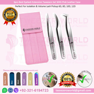 3pcs Best Eyelash Extension Tweezers Set With Pink Leather Case