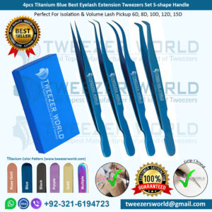 4pcs Titanium Blue Best Eyelash Extension Tweezers Set S-shape Handle