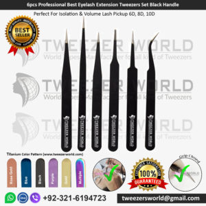 6pcs Professional Best Eyelash Extension Tweezers Set Black Handle