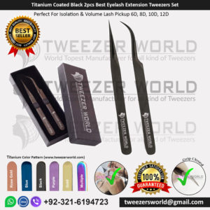 Titanium Coated Black 2pcs Best Eyelash Extension Tweezers Set with Paper Box