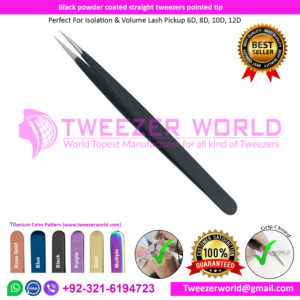Black powder coated straight tweezers pointed tip