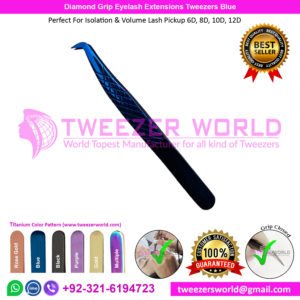 Titanium Blue Diamond Grip Volume Lash Tweezers Rounded Tip