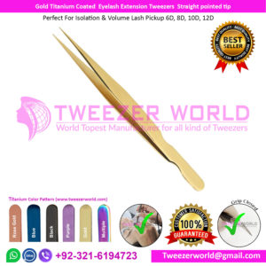 gold Titanium Coated Eyelash Extension Tweezers Straight tip