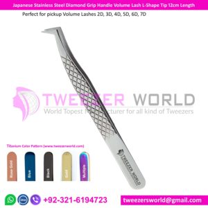 Diamond Grip Handle Volume Lash Tweezers L-Shape Tip 12cm Length