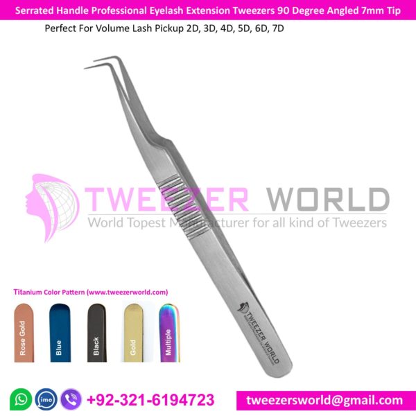Serrated Handle Professional Tweezers 90 Degree Angled 7mm Tip