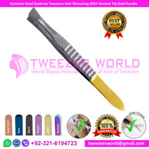 Stainless Steel Eyebrow Tweezers Hair Removing With Slanted Tip Gold handle