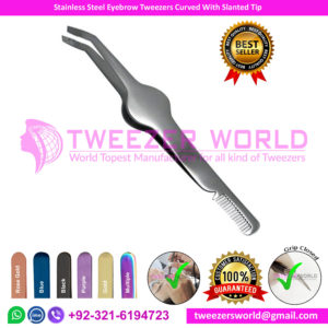 Stainless-Steel-Eyebrow-Tweezers-Curved-With-Slanted-Tip-with-comb