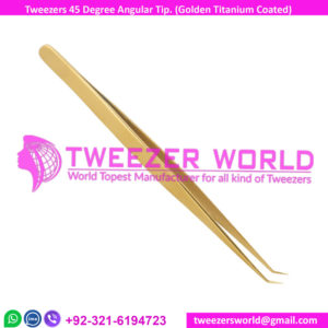 Eyelash Tweezers 45 Degree Angular Tip Golden Titanium Coated