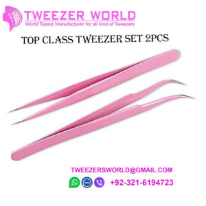Quality Pink 2pcs Eyelash Volume Tweezers Straight Curved Silver Tip