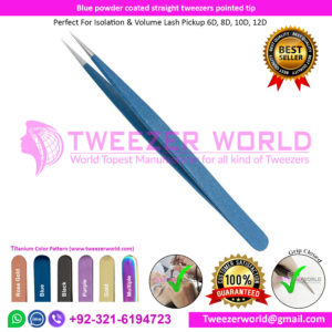 blue powder coated straight tweezers pointed tip