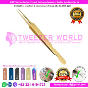 Gold Titanium Coated Eyelash Extension Tweezers Double Sided pointed tip