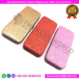 3pcs Eyelash Extension Tweezers Magnetic Case Glitter Colors Case Pouch