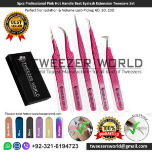5pcs Professional Pink Hot Handle Best Eyelash Extension Tweezers Set