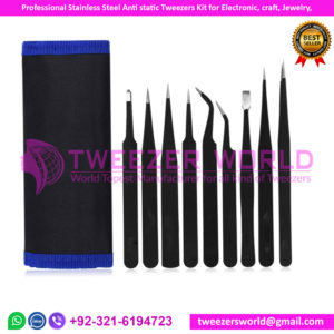 Professional Stainless Steel Anti static Tweezers Kit for Electronic, craft, Jewelry,