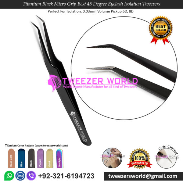 Titanium Black Micro Grip Best 45 Degree Eyelash Isolation Tweezers