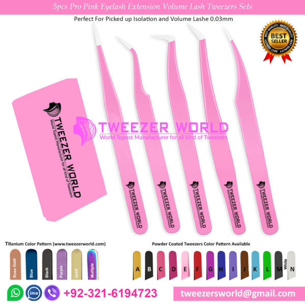 5pcs Pro Pink Eyelash Extension Volume Lash Tweezers Sets Paper Box