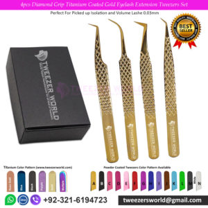 4pcs Diamond Grip Titanium Coated Gold Eyelash Extension Tweezers Set
