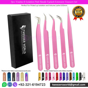 5pcs Volume & Isolation Pink Handle Eyelash Extension Tweezers Set