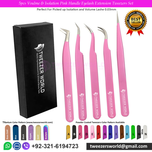 5pcs Volume & Isolation Pink Handle Eyelash Extension Tweezers Set