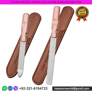 2 Pcs Best Nail Files with Rose Gold Anti-Slip Handle and Leather Case