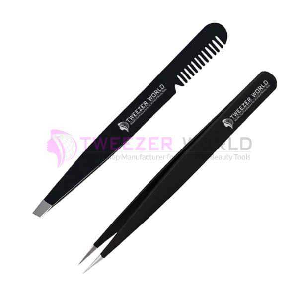 Professional Stainless Steel Black Brow Tweezers (Comb - Pack of 2)