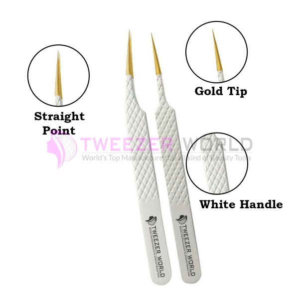 2pcs Diamond Grip White Handle With Gold Tip Straight Isolation Tweezers Set