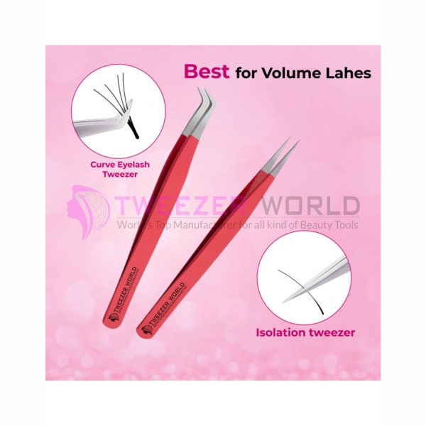 2pcs Volume & Straight Red Handle Best Eyelash Tweezers Set