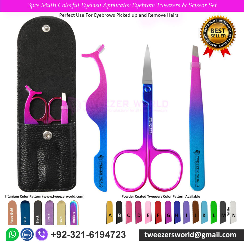 3pcs Multi Colorful Eyelash Applicator Eyebrow Tweezers & Scissor Set