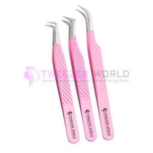 3pcs Diamond Grip Pink Powder Coated Eyelash Tweezers Set
