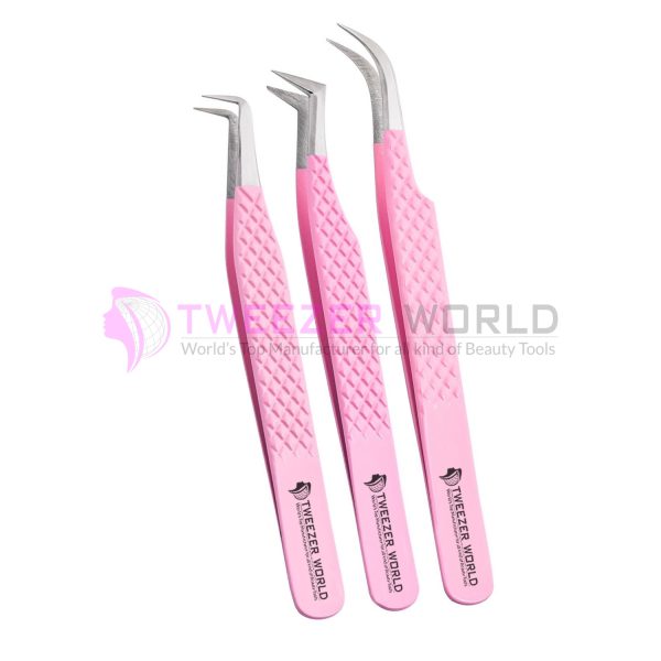 3pcs Diamond Grip Pink Powder Coated Eyelash Tweezers Set