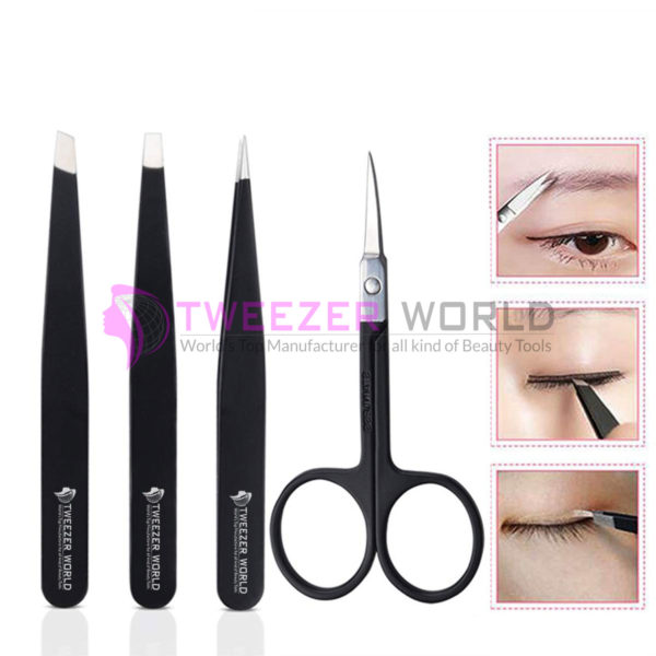 Best Quality 4pcs Black Powder Coated Eyebrow Tweezers & Scissor Set