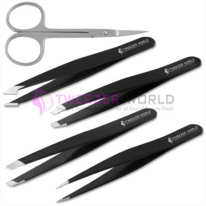 5Pcs Black Powder Coated Eyebrow Tweezers Set With Silver Scissor