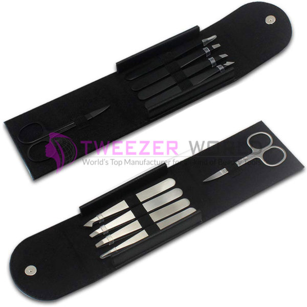 5pcs Professional Brow Tweezers & Scissor Best Quality Black Set