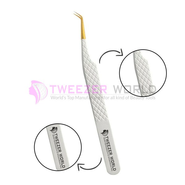 Diamond Grip 65 Degree Gold Tip White Handle Premium Lash Tweezers