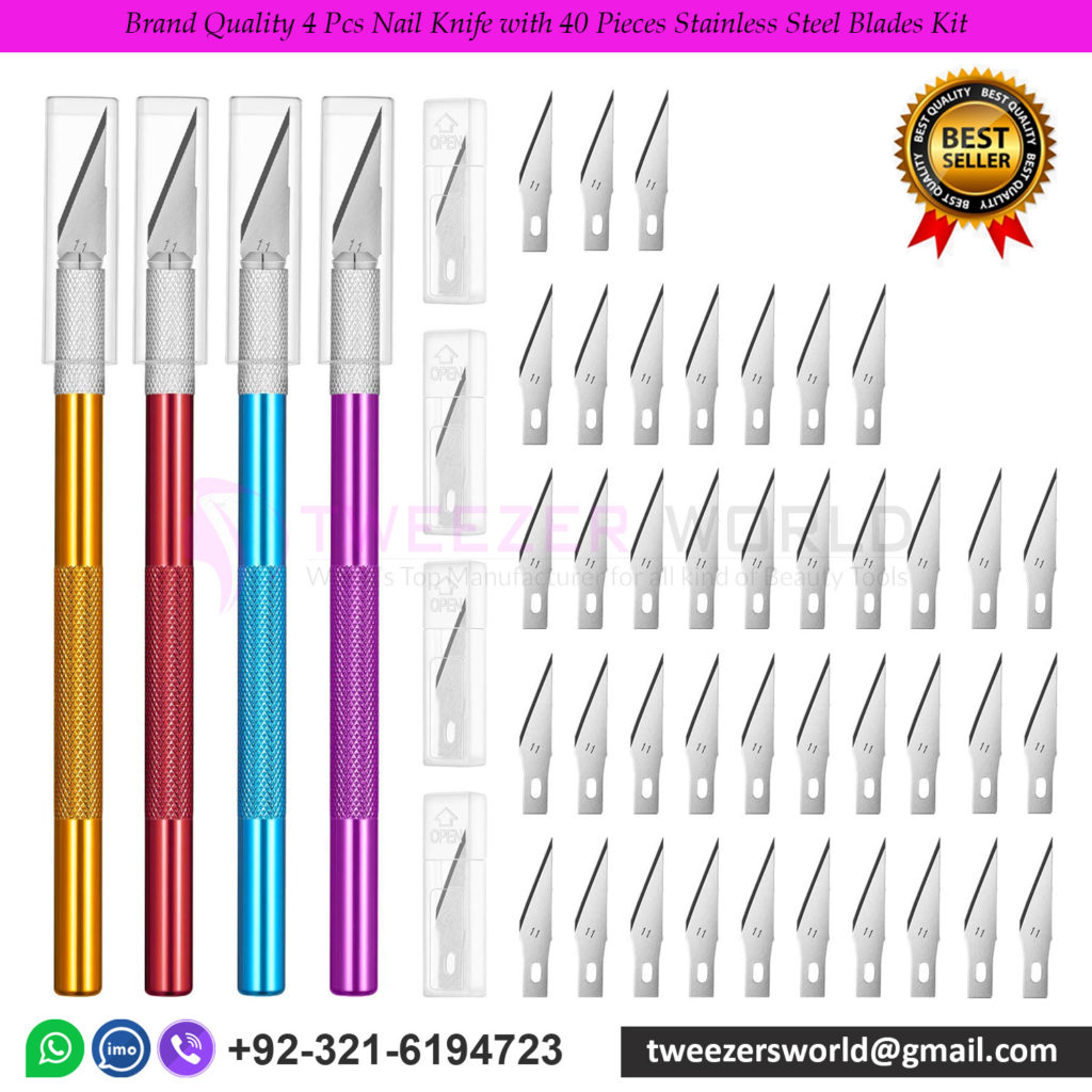Brand Quality 4 Pcs Nail Knife with 40 Pieces Stainless Steel Blades Kit