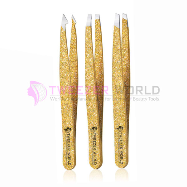 3Pcs Professional Stainless Steel Slanted Gold Eyebrow Plucker Tweezers Set