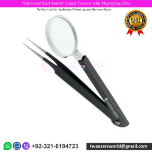 Professional Black Powder Coated Tweezers with Magnifying Glass