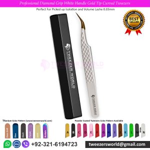 Professional Diamond Grip White Handle Gold Tip Curved Tweezers