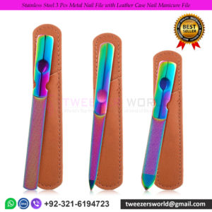 Stainless Steel 3 Pcs Metal Nail File with Leather Case Nail Manicure File