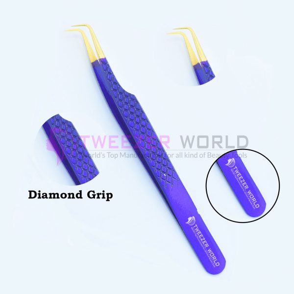90 Degree Diamond Grip Gold Tip Blue Eyelash Extension Tweezers