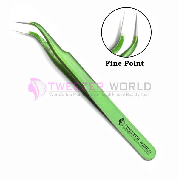 S-Curved Fine Point Shiny Green Best Eyelash Tweezers