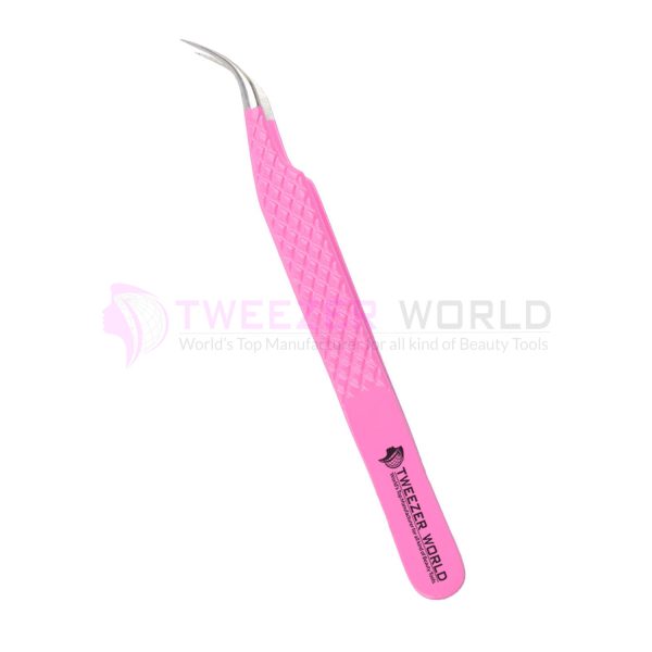 S-Curved Diamond Grip Pink Powder Coated Eyelash Tweezers