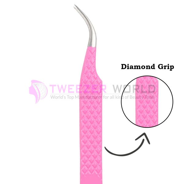 S-Curved Diamond Grip Pink Powder Coated Eyelash Tweezers