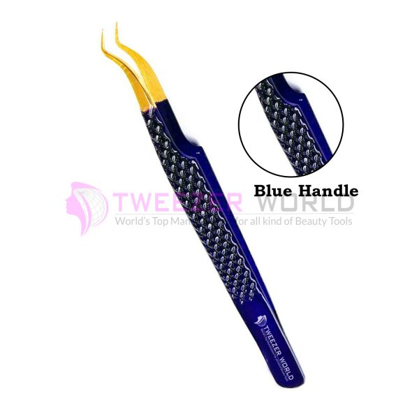 Diamond Grip Curved Angled Gold Tip Blue Lash Tweezers
