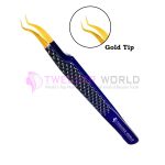 Diamond Grip Curved Angled Gold Tip Blue Lash Tweezers