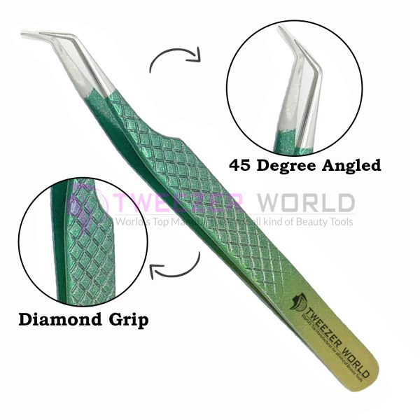 45 Degree Angled Diamond Grip Multiple Green Eyelash Tweezers