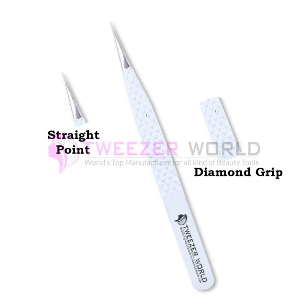 Diamond Grip Needle Nose Tip White Handle Straight Isolation Tweezers