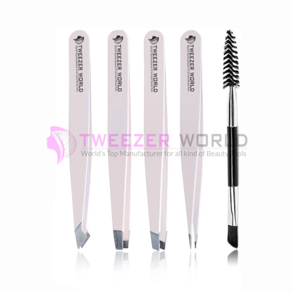 6cs Light Pink Eyebrow Hair Removal Tweezers Set With Scissor & Brush